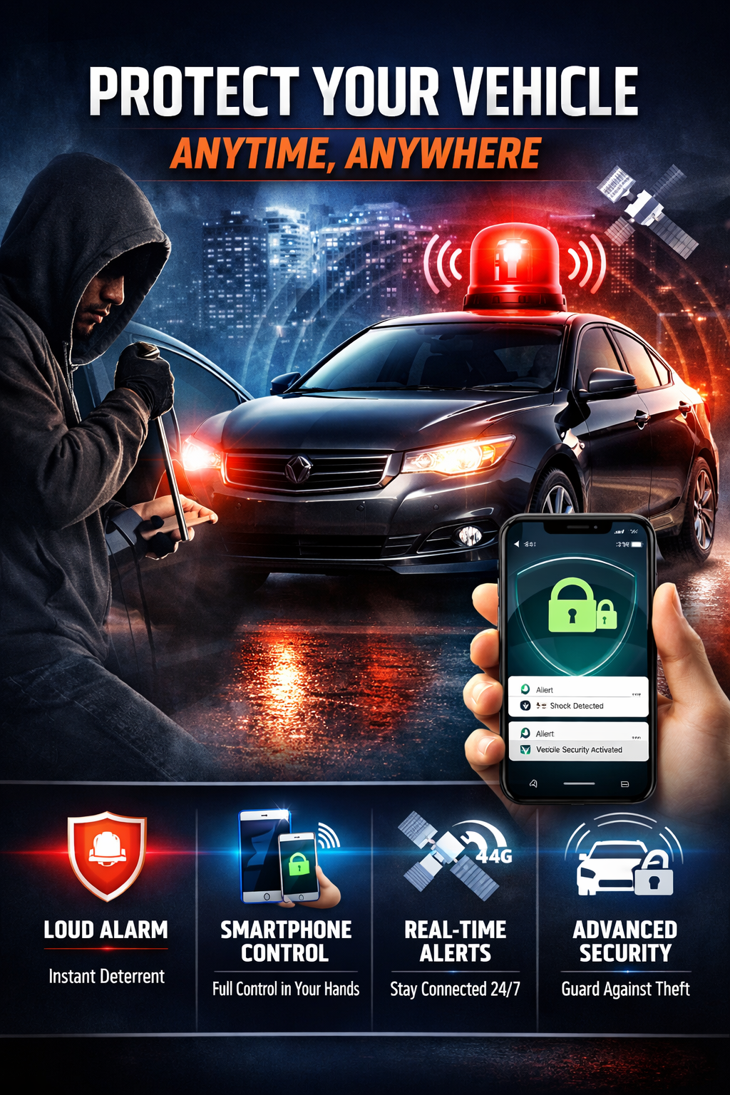 A promotional poster for a vehicle security system, showing a person in a hoodie attempting to steal a car with a large red warning light on the vehicle. The poster highlights features such as loud alarm, smartphone control, real-time alerts, and advanced security. A hand holds a smartphone with security notifications on its screen, and satellites are depicted above the car, emphasizing connectivity.