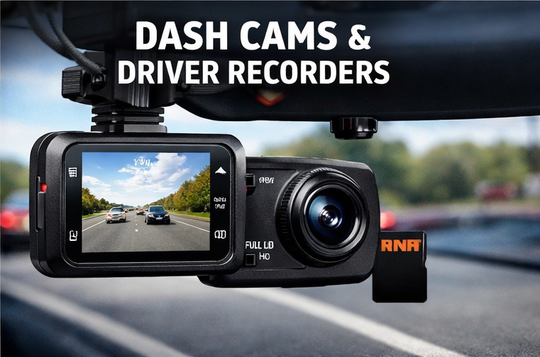 A dash camera mounted on a vehicle's windshield, showing a view of a highway with cars. The image includes text that reads 'DASH CAMS & DRIVER RECORDERS'.