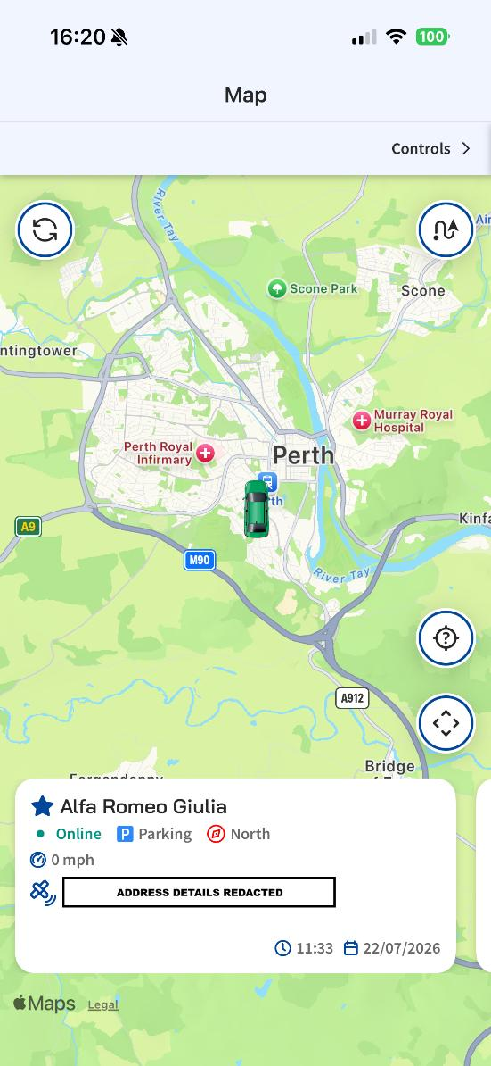 Ghost Link app map showing the vehicle's parked location