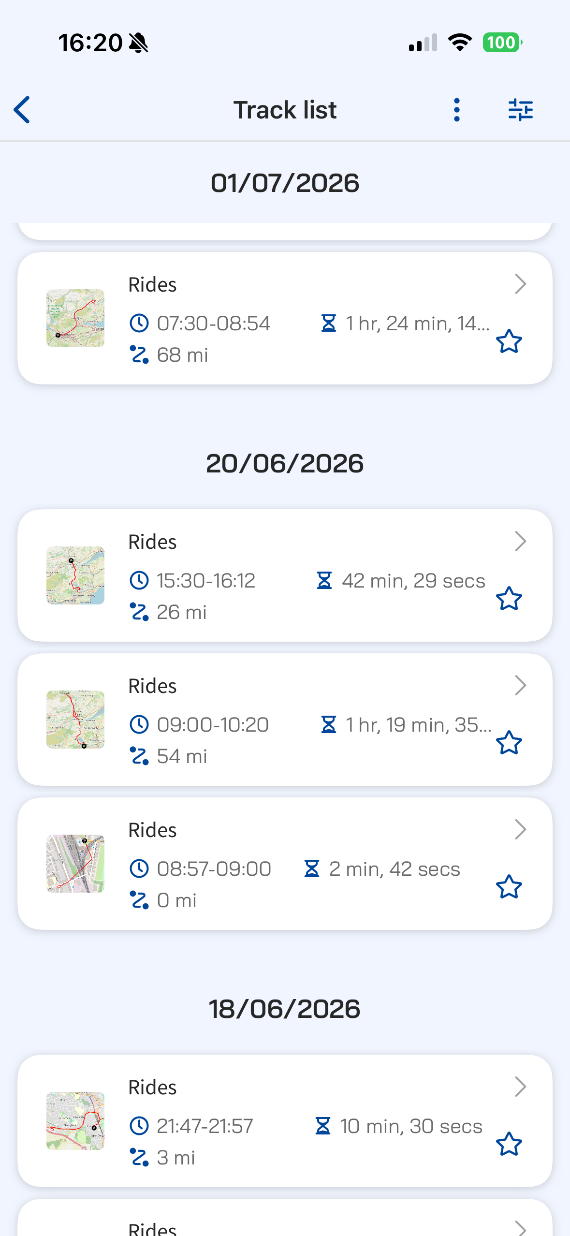 Ghost Link app track list showing saved journeys with times and distances