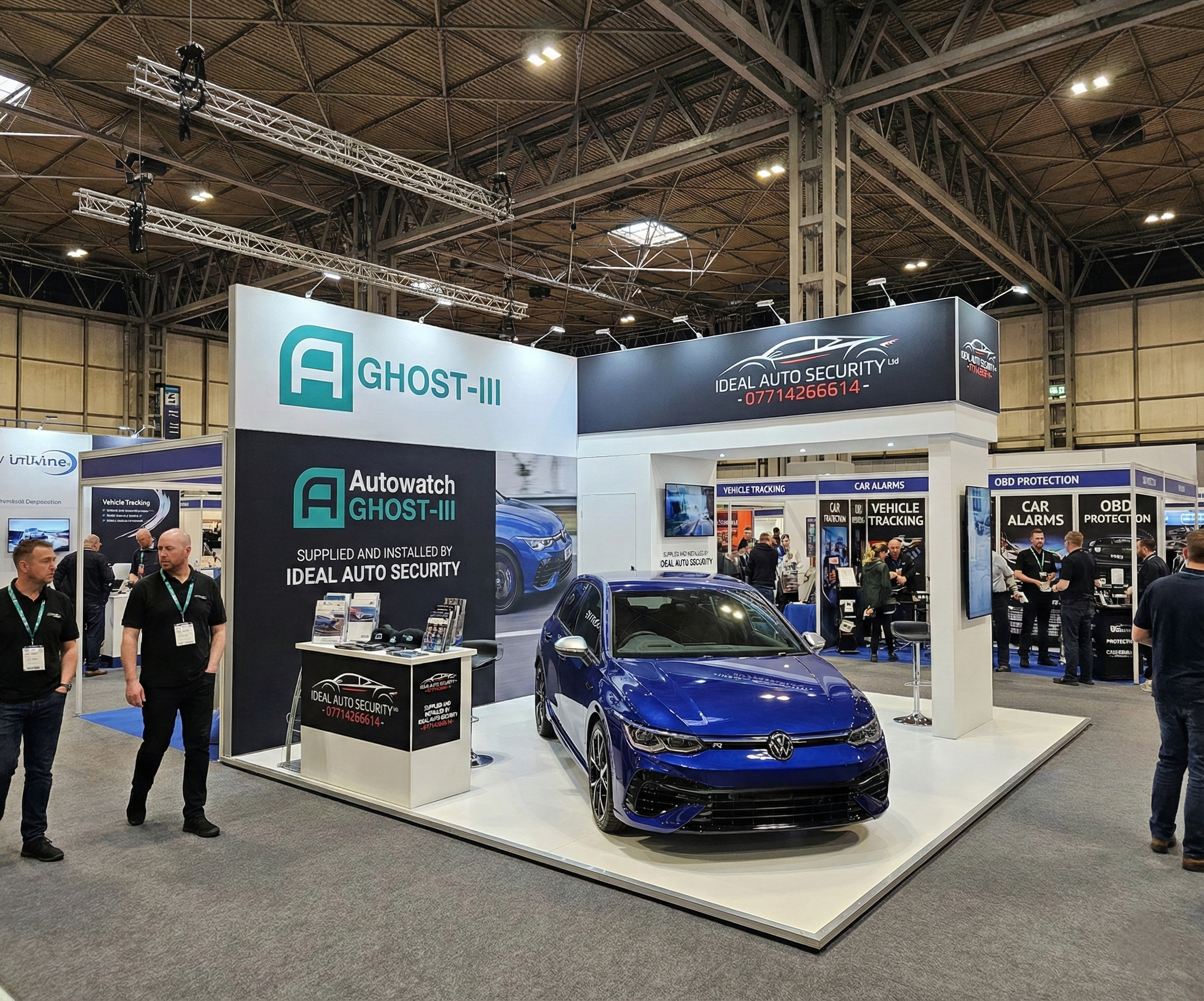 Autowatch Ghost-III immobiliser stand by Ideal Auto Security at trade show with Volkswagen Golf R display
