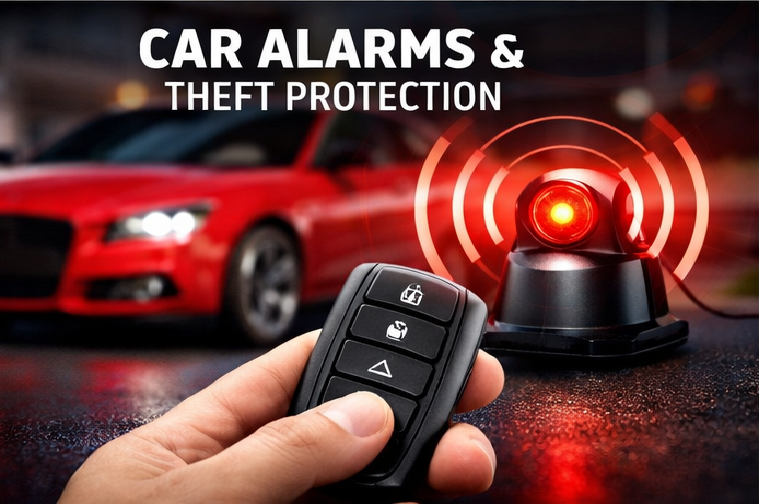 A hand holding a car remote with lock, unlock, and alarm buttons, with a red car and a red alert warning device in the background, emphasizing car alarms and theft protection.
