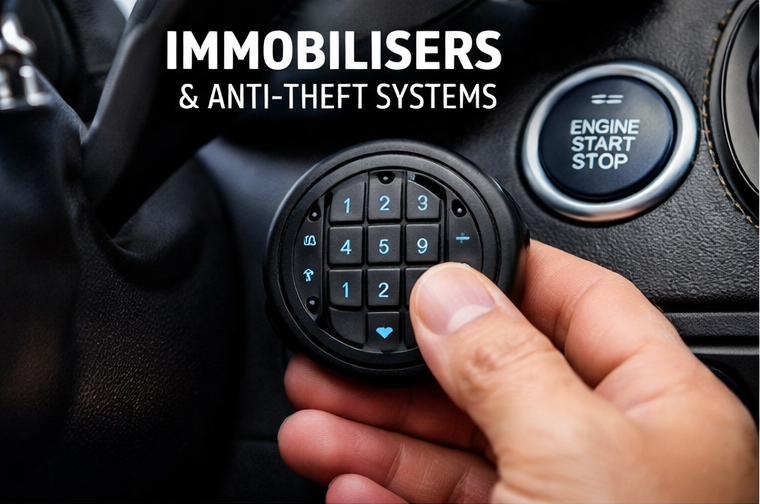 A person holding a small black device with numbered buttons inside a vehicle, with text overlay that says 'IMMOBILISERS & ANTI-THEFT SYSTEMS' and a visible engine start/stop button on the dashboard.