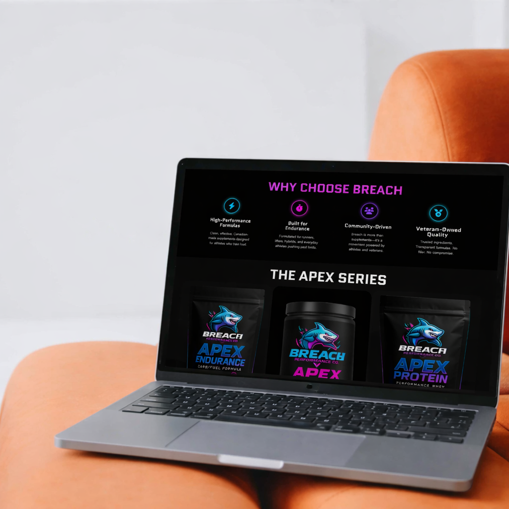 Laptop on orange chair displaying Breach supplement branding and product information. This is an example of Gold Coast Digital's work.