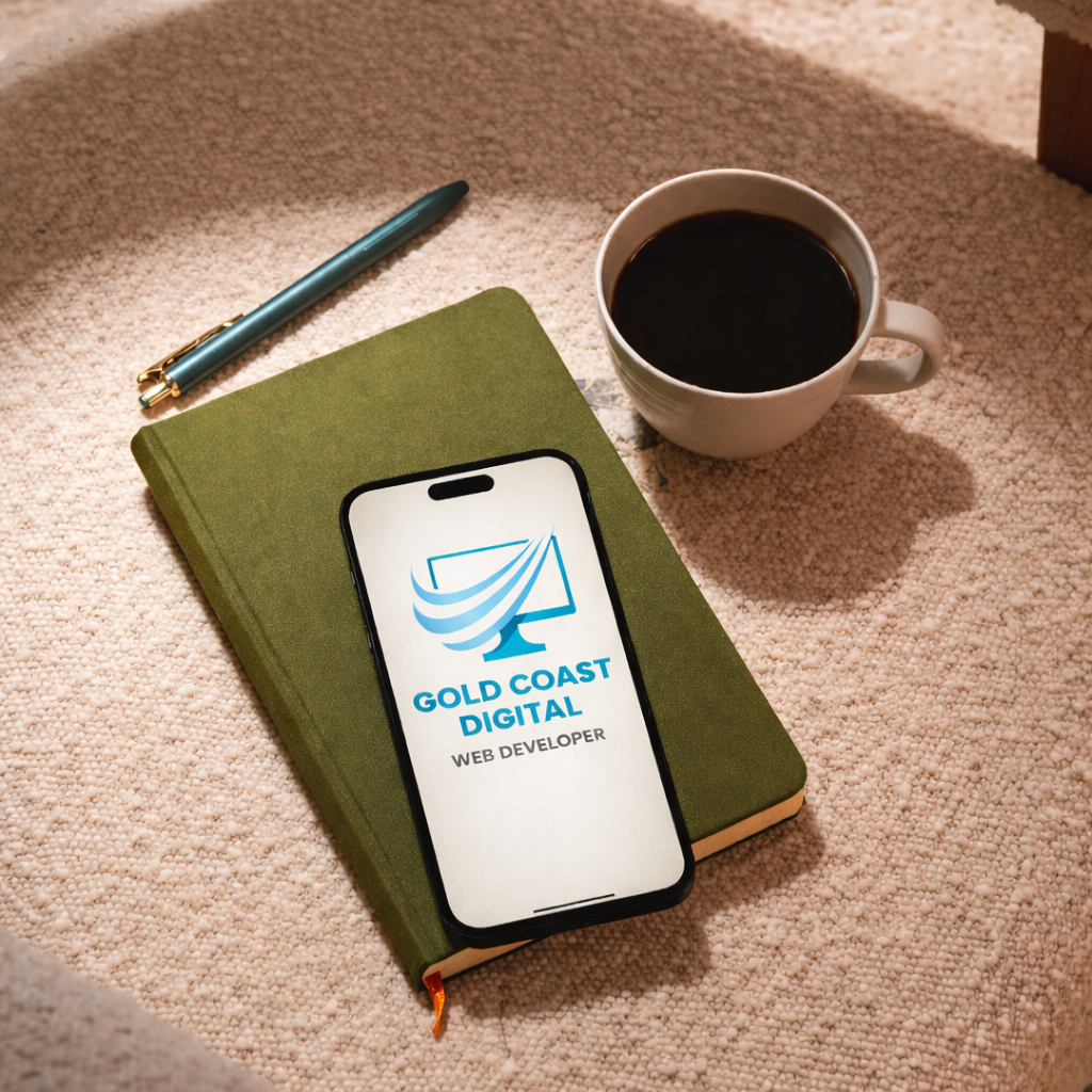 A cup of black coffee, a gold coast digital web developer notebook, a smartphone with the gold coast digital logo, and a blue pen are arranged on a beige carpet.