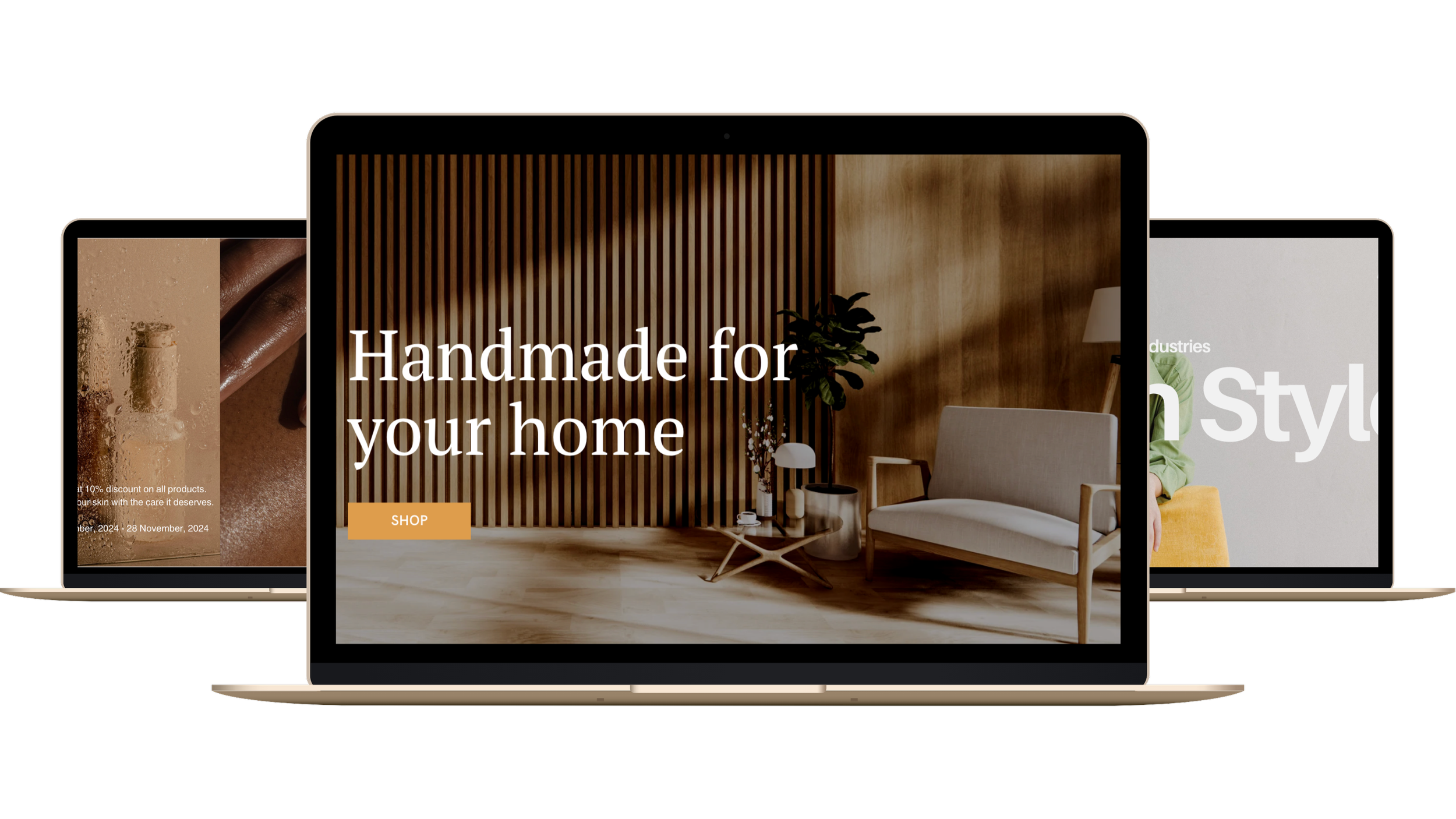 Three laptops displaying home decor website on dark background. The central laptop shows a modern living room with wooden wall and furniture, with the text 'Handmade for your home' and a 'Shop' button.