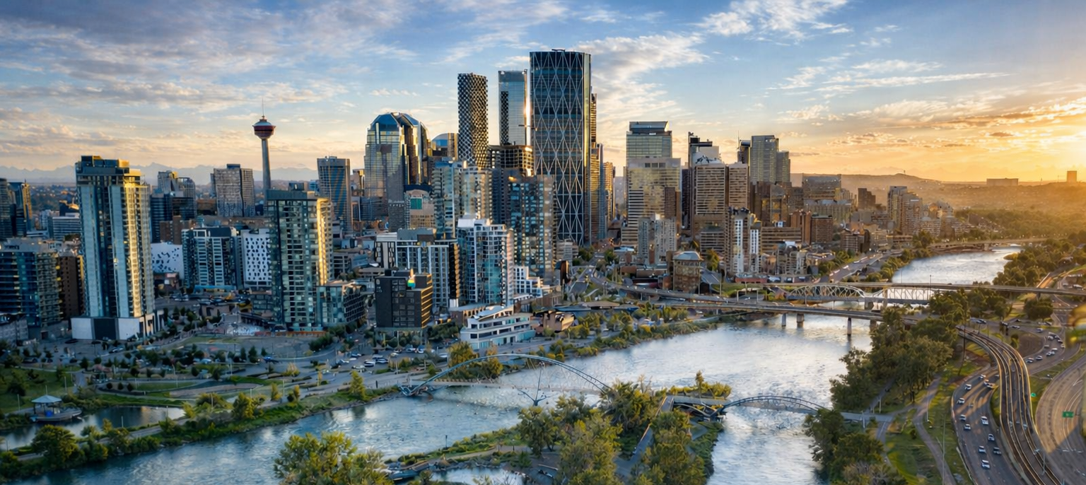 Aerial view of a city skyline during sunset with tall skyscrapers, a river, and roads with traffic.