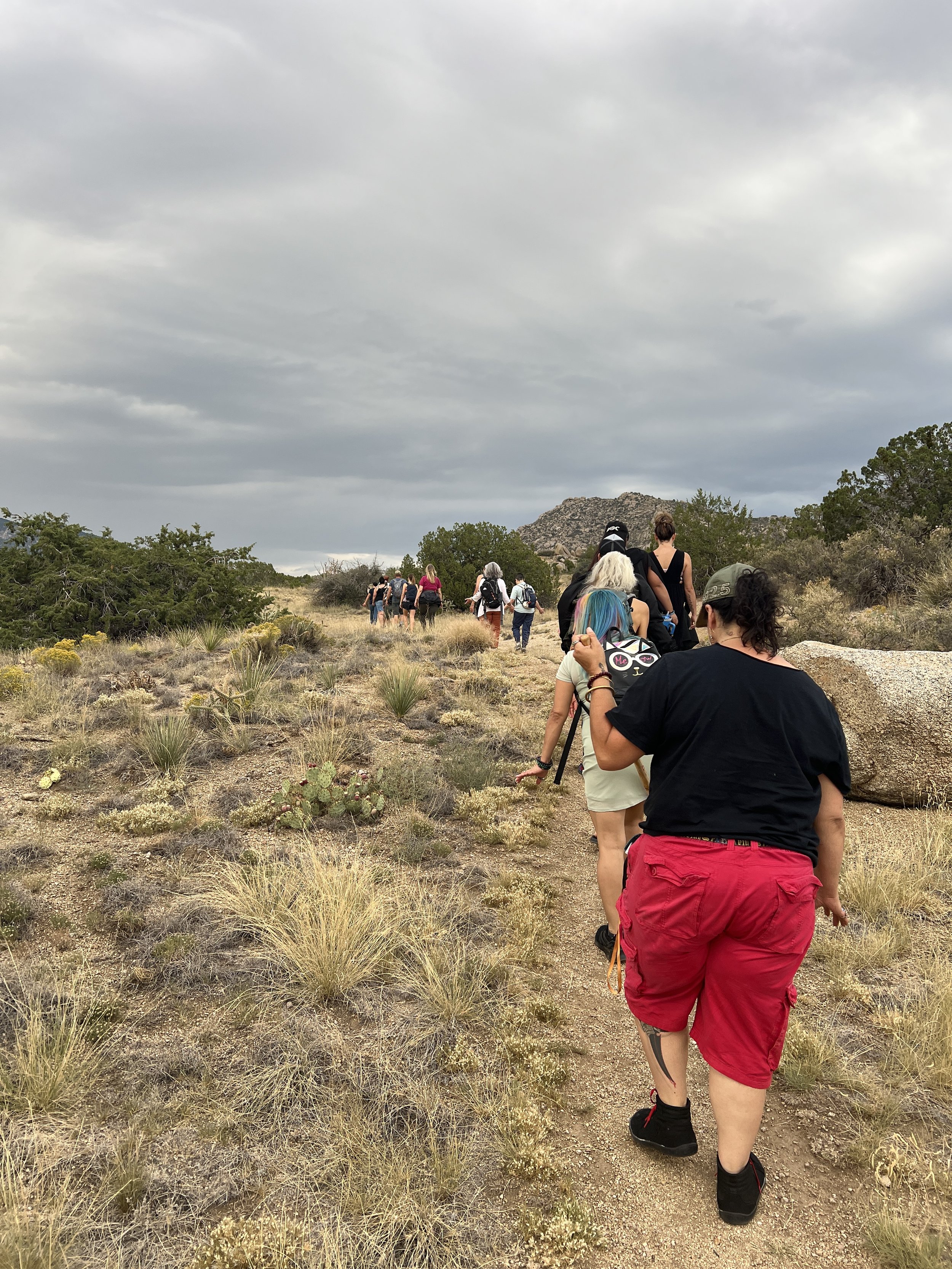 People hiking on a trail in a desert landscape with sparse vegetation and overcast sky.