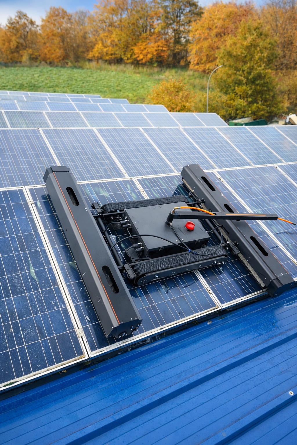 Wartungsgerät auf Solaranlage auf einem Dach, mit Herbstbäumen im Hintergrund.