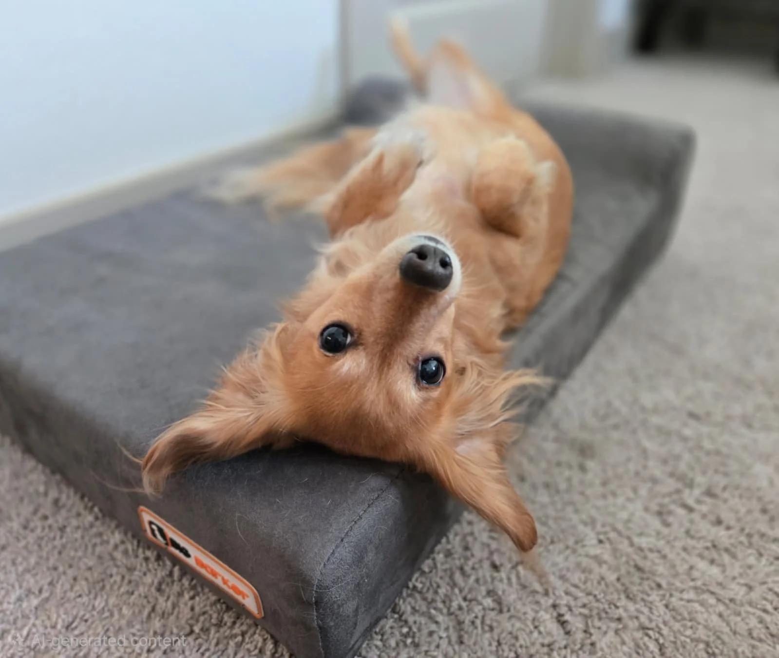 A woman petting a large white dog with black spots on its head, lying on a red carpet in front of a gray couch with a light-colored pillow, in a cozy living room.
