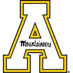 Large university letter A with black, white, and gold outline, with the word 'Mountaineers' inside