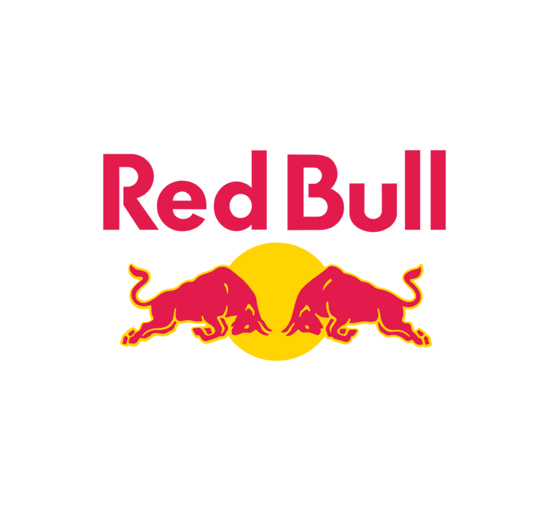 Red Bull logo featuring two red bulls charging towards each other over a yellow sun with the text 'Red Bull' above in red.