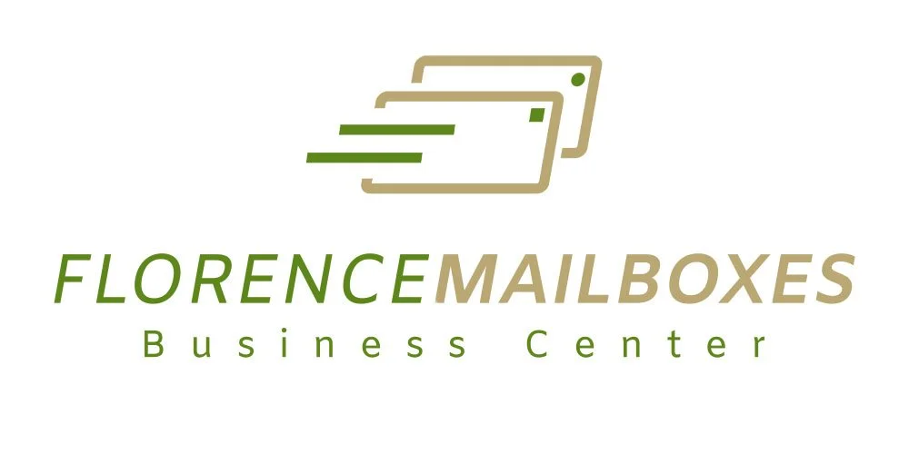 Logo for Florence Mailboxes Business Center featuring stylized mailboxes and text.