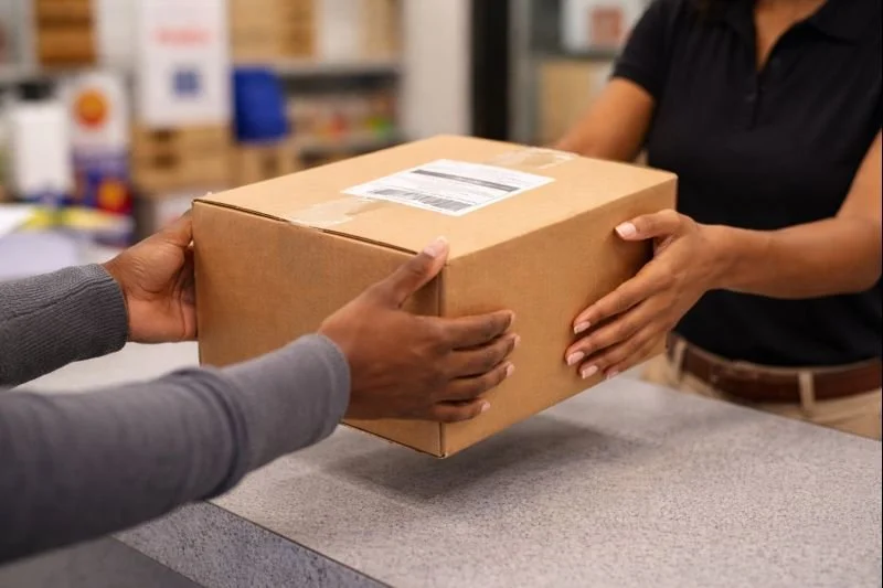 A person is handing a cardboard box to another person at a counter, likely in a shipping or retail setting.
