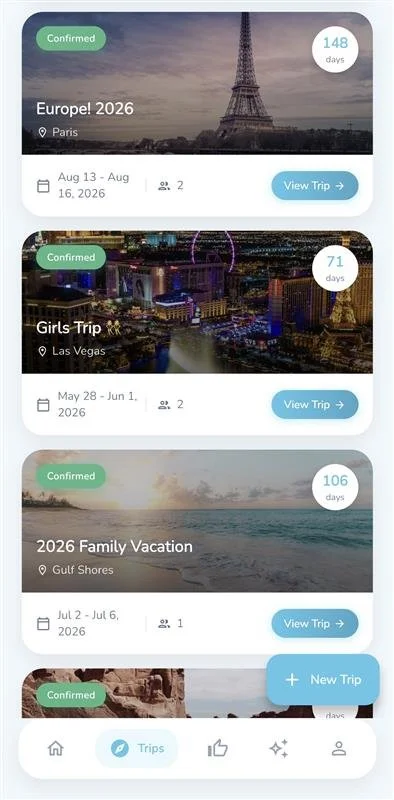 Screenshot of a travel planning app showing upcoming trips to Paris, Las Vegas, and Gulf Shores, with details like dates, trip status, and number of travelers.