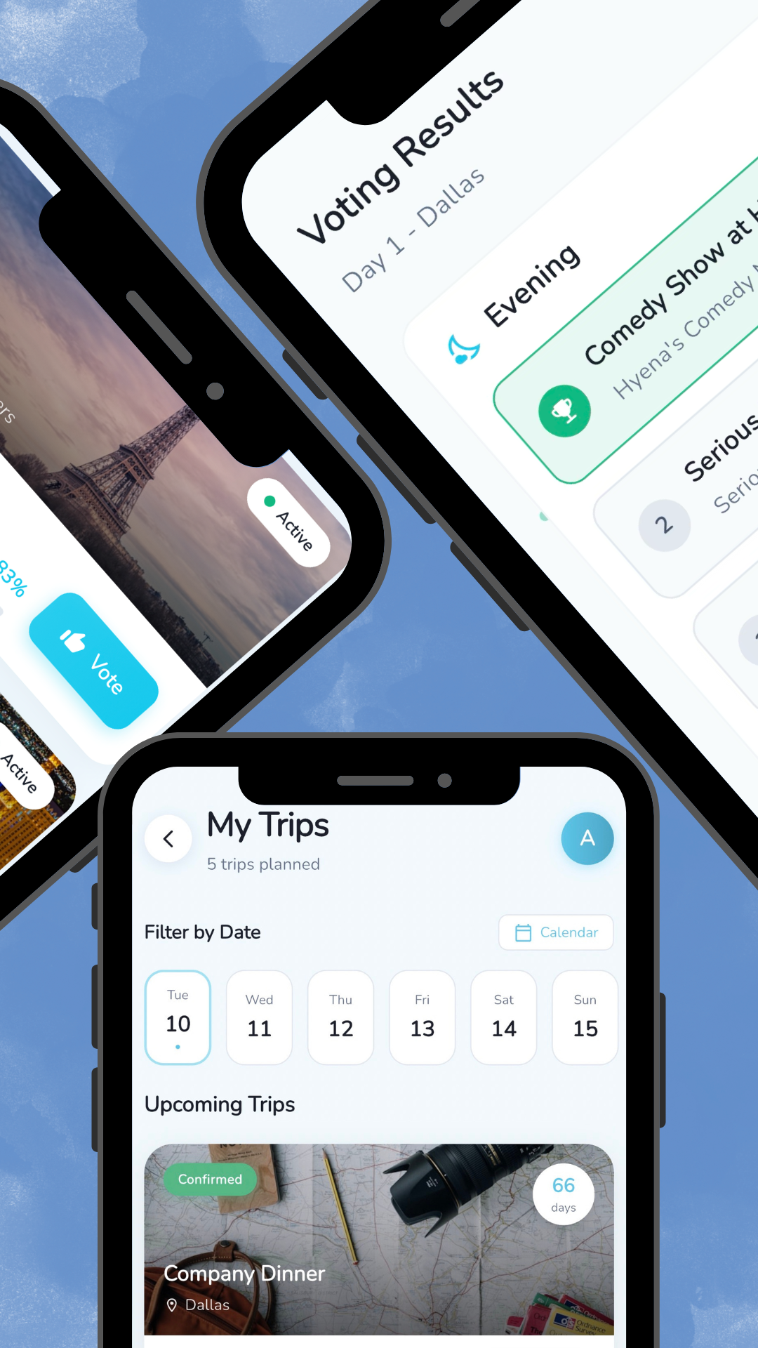 Three smartphone screens showing different app interfaces: one displaying vote results, another showing a travel planning app with upcoming trips, and the third showing a voting app's main page.