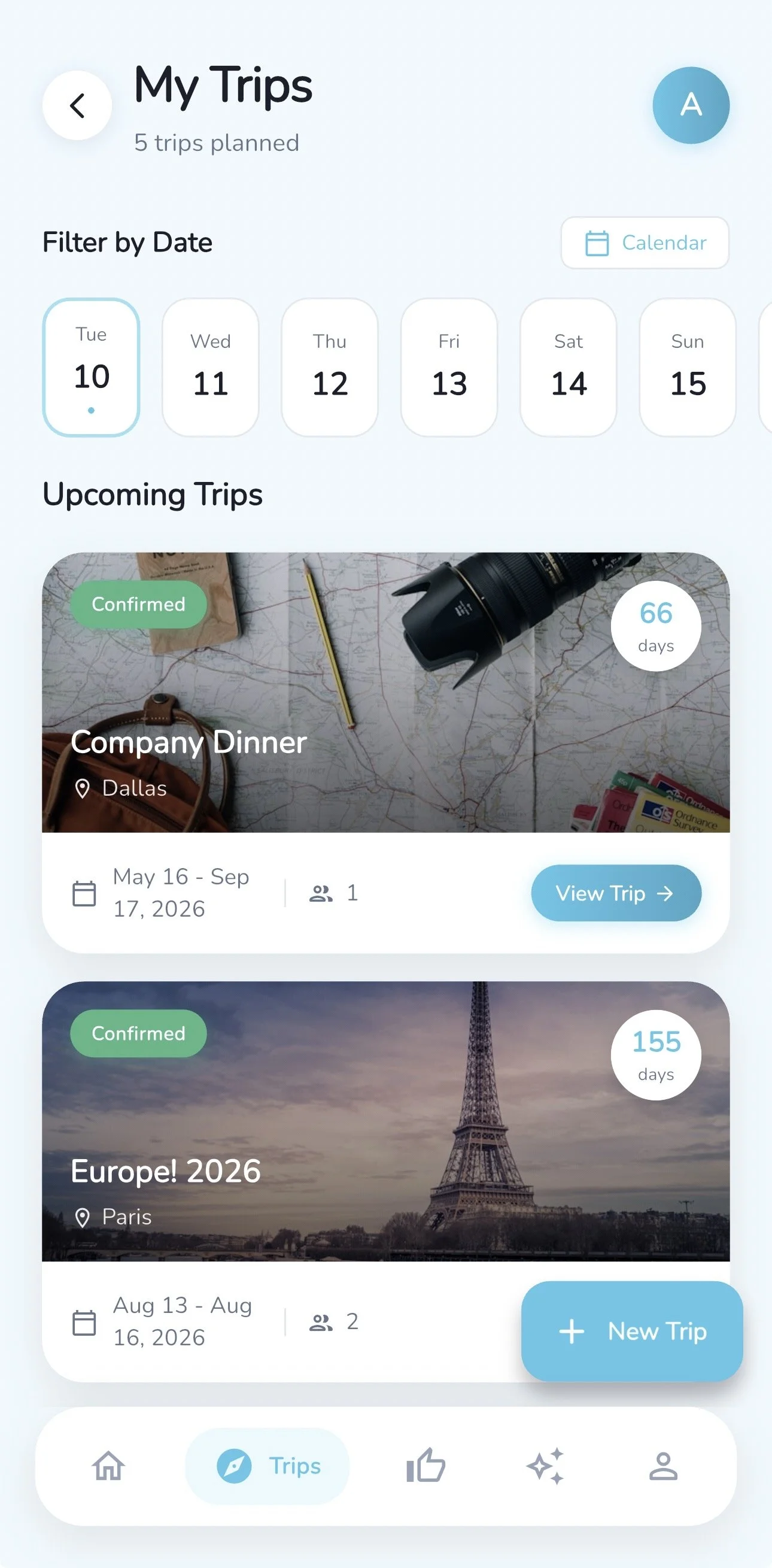 Travel planning app screen showing upcoming trips to Dallas for a company dinner and to Paris for Europe trip, with options to view or add trips, filter calendar, and navigation icons at the bottom.