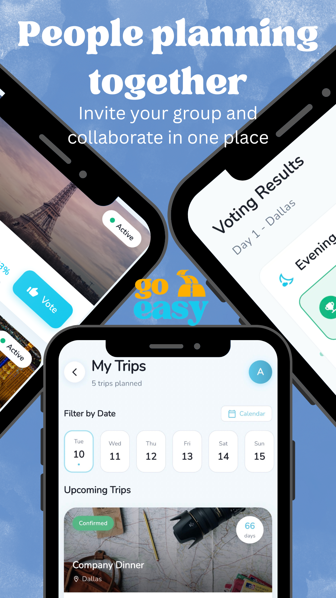 Screenshots of a travel planning app showing trip scheduling, voting results, and group collaboration features with the Eiffel Tower in the background and a GoEasy logo.