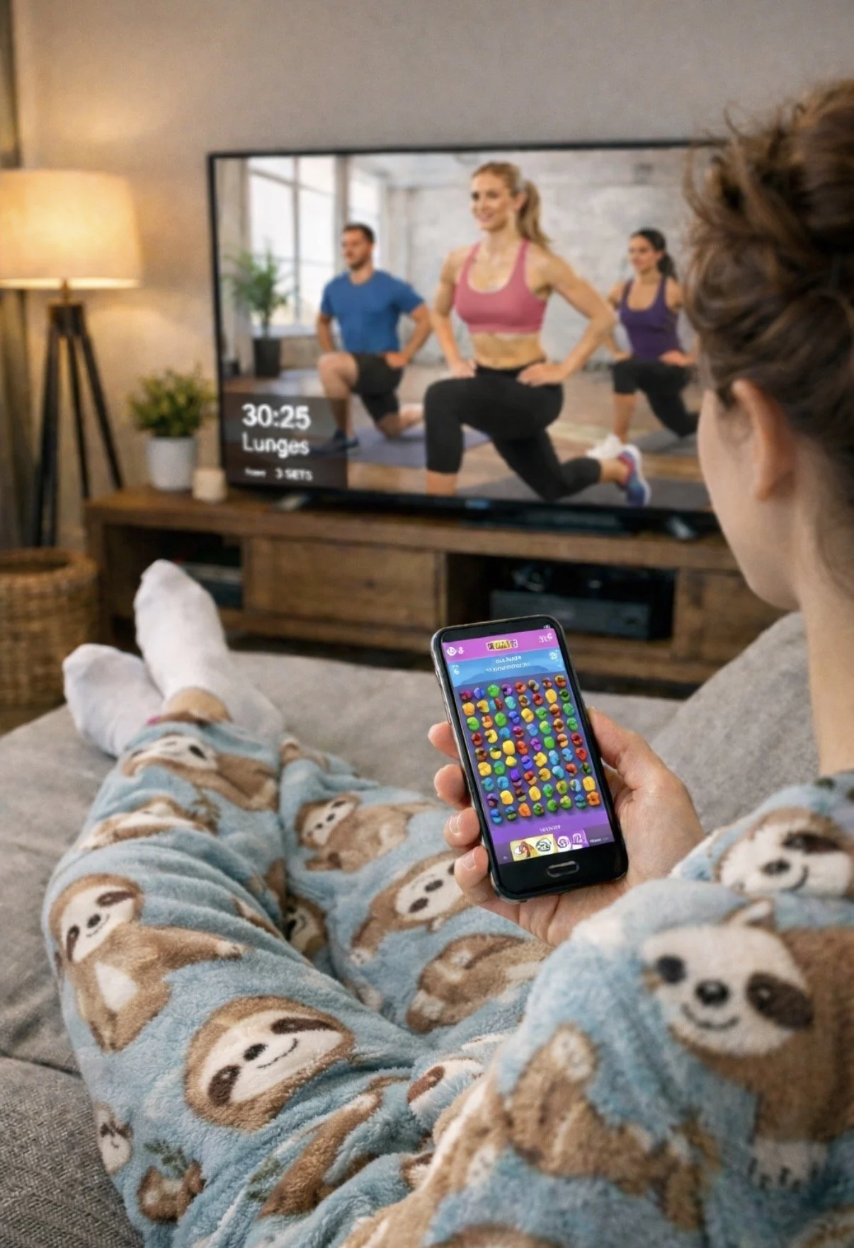 "Person in sloth pajamas playing phone game while workout video plays on TV postpartum productivity paralysis"
