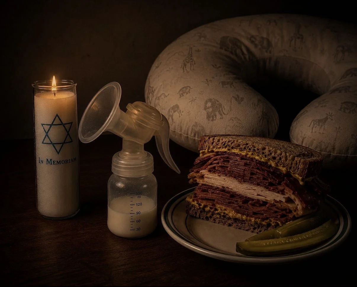 Memorial candle, breast pump, plate of deli meats with pickles, and a travel neck pillow on a dark surface.