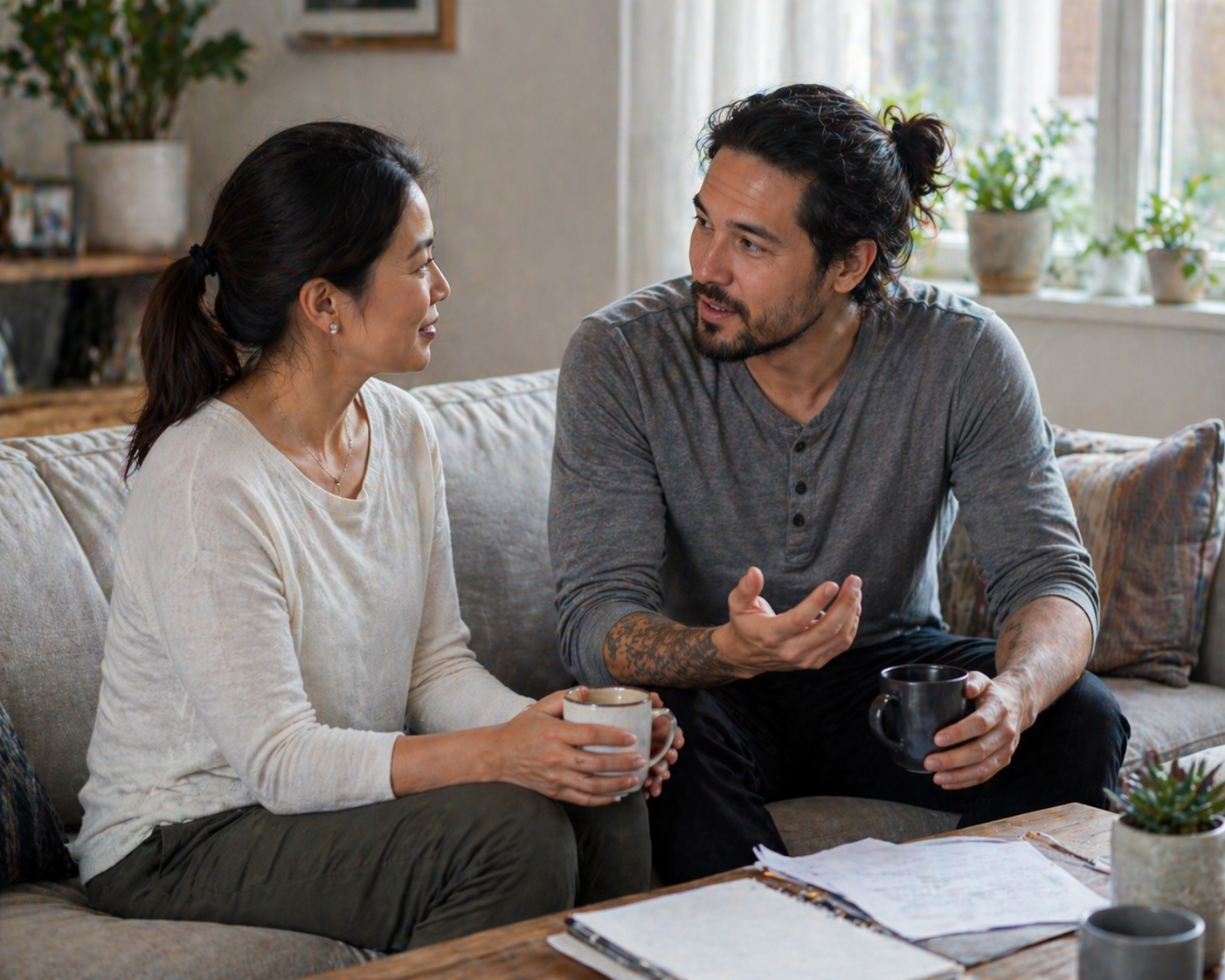 A man and woman sitting on a couch having a conversation, both holding coffee mugs. The woman is wearing a light-colored shirt, and the man is wearing a gray shirt with tattoos on his left arm. There are papers and a potted plant on the table in front of them, with a window and plants in the background.