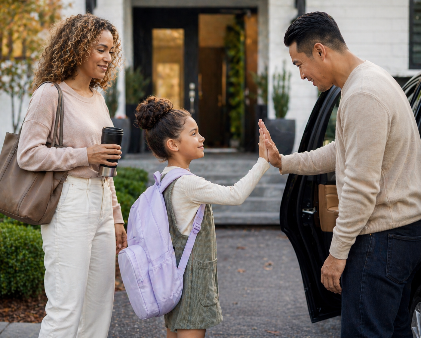 A young girl with a backpack high-fives a man as her mother stands beside her holding a travel mug, in front of a modern house entrance.