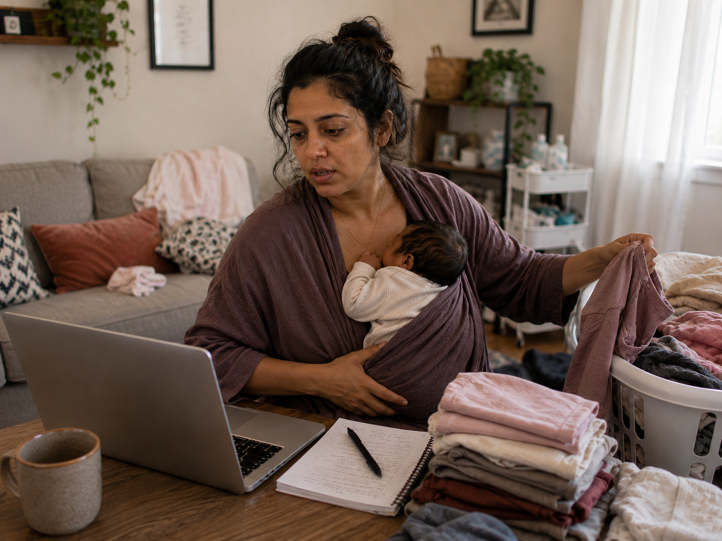 A woman with dark hair in a bun breastfeeding a baby, sitting at a table with a laptop, notebook, pen, and a cup, amidst laundry and a cluttered room.