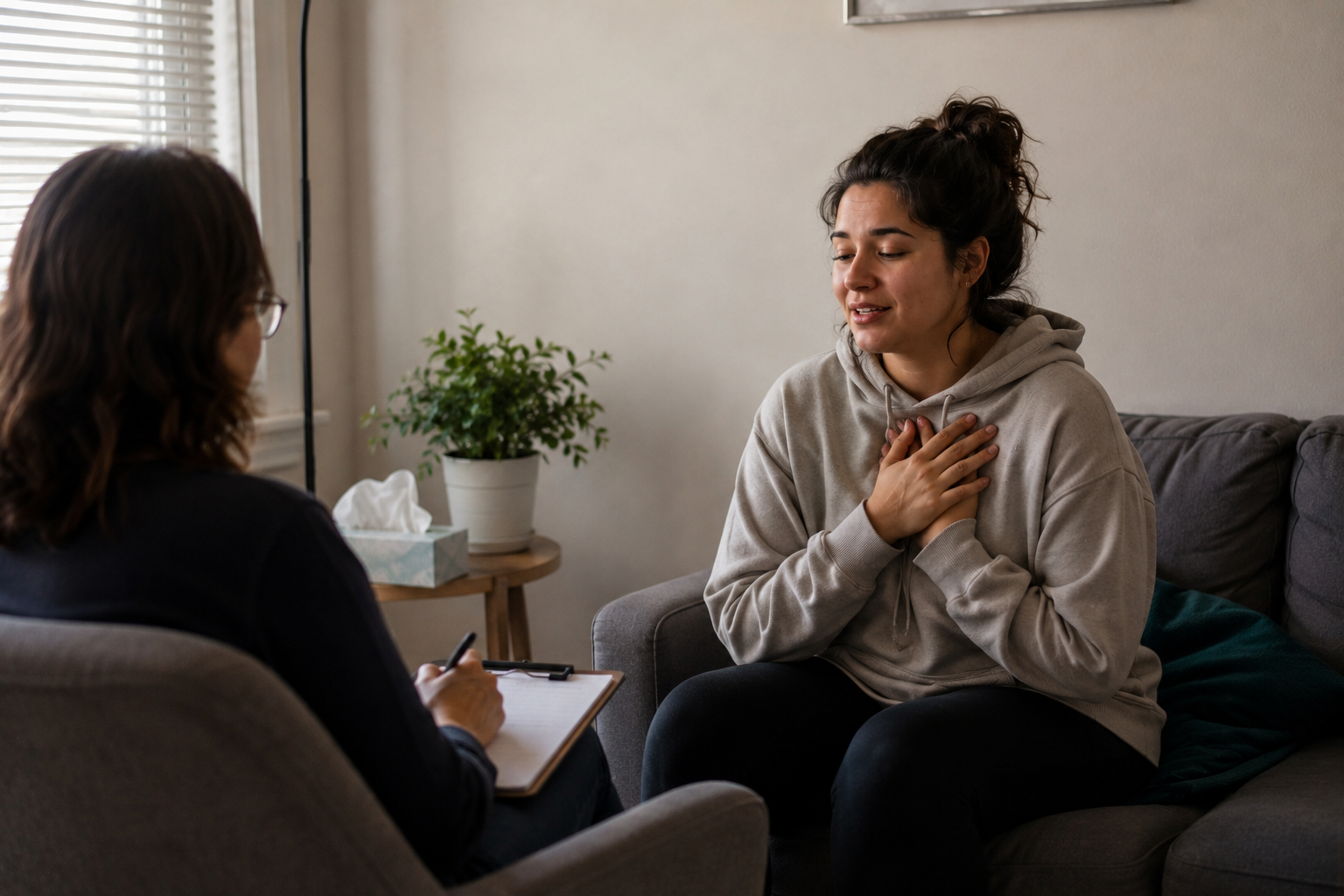 A woman sitting on a couch with her hands over her chest, talking to a therapist who is taking notes and listening attentively.