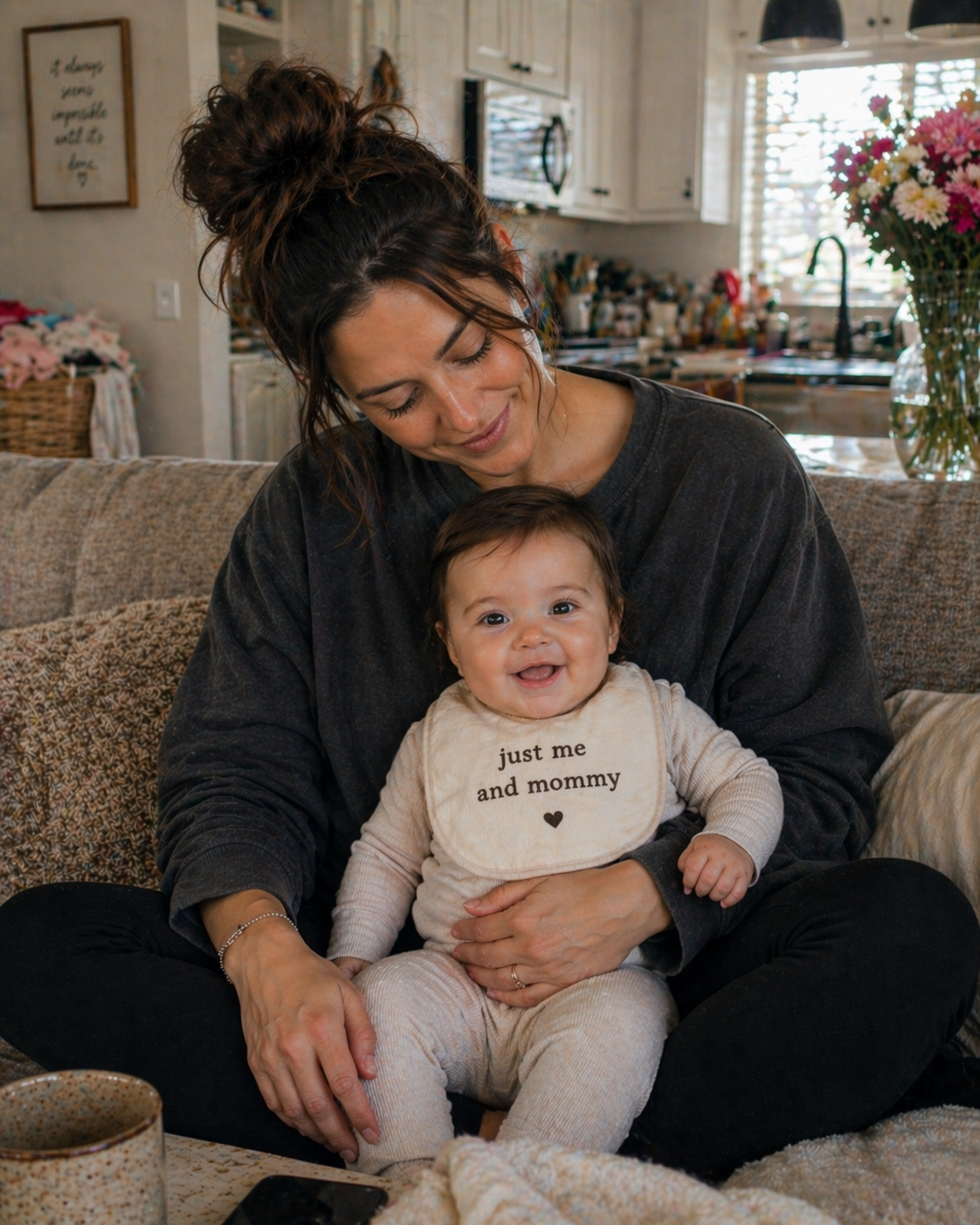 A woman with curly hair and a dark sweatshirt sitting on a couch, holding a laughing baby with a bib that reads 'just me and mommy' in a cozy kitchen living room.
