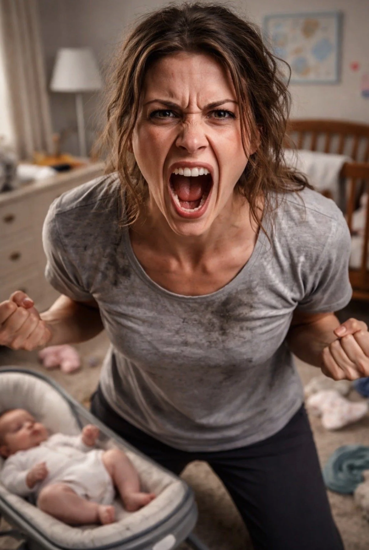 Angry woman yelling at a crying baby in a bedroom.