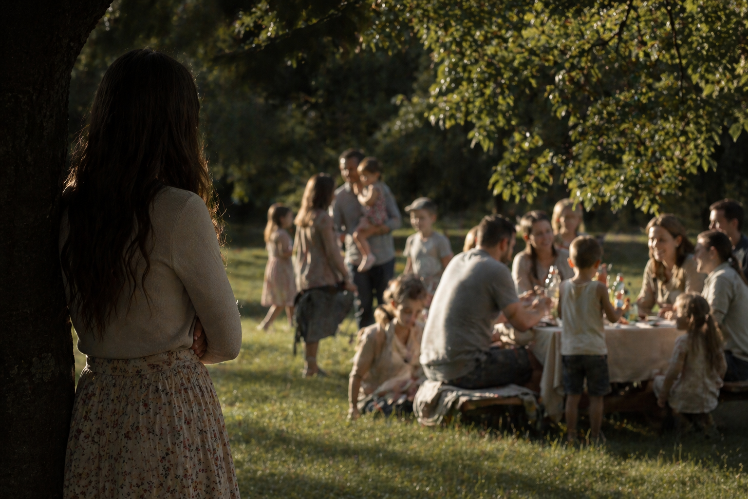 A woman with long dark hair, wearing a cream-colored sweater and floral skirt, stands by a tree observing a gathering of people outdoors in a park during sunset. The group, consisting of adults and children, are seated around a table and standing nearby, enjoying a meal under the trees.
