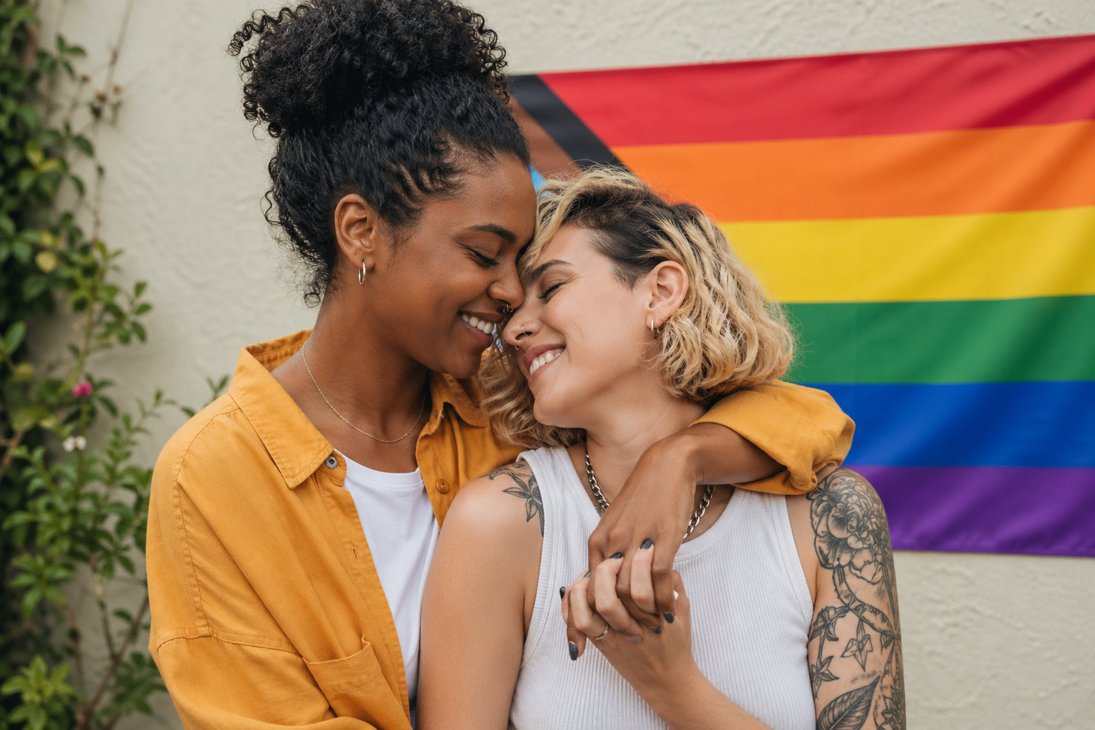 Two women smiling and touching foreheads, one with dark skin and curly hair, wearing a mustard yellow shirt, the other with lighter skin, short blonde hair, tattoos on her arm, wearing a white tank top, with a rainbow pride flag in the background.