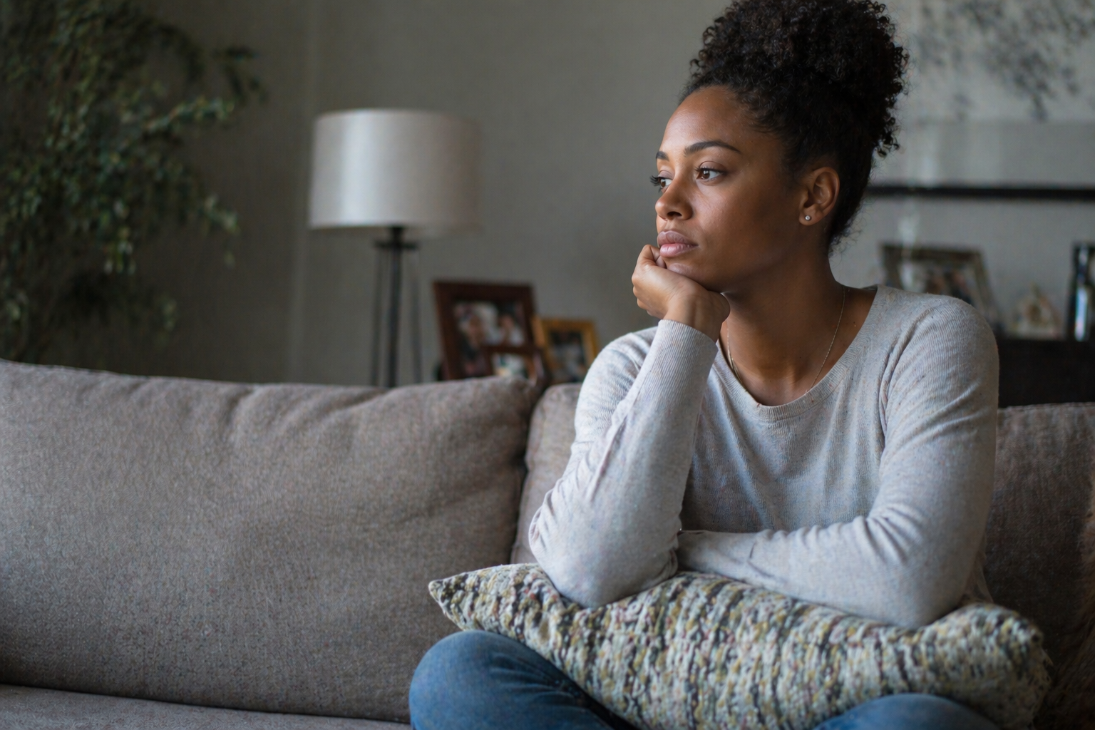 A woman sitting on a couch, resting her chin on her hand, looking thoughtful inside a living room.