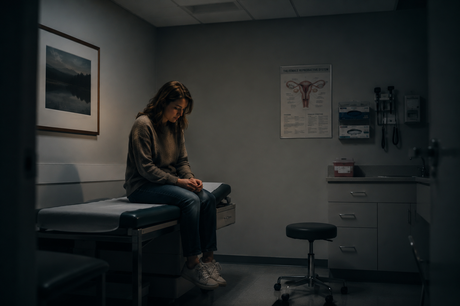 A young woman sitting on an examination table in a dimly lit doctor's office, appearing contemplative or worried.