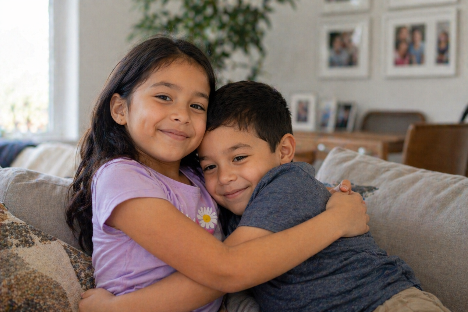 A young girl and boy are hugging and smiling while sitting on a sofa in a living room.