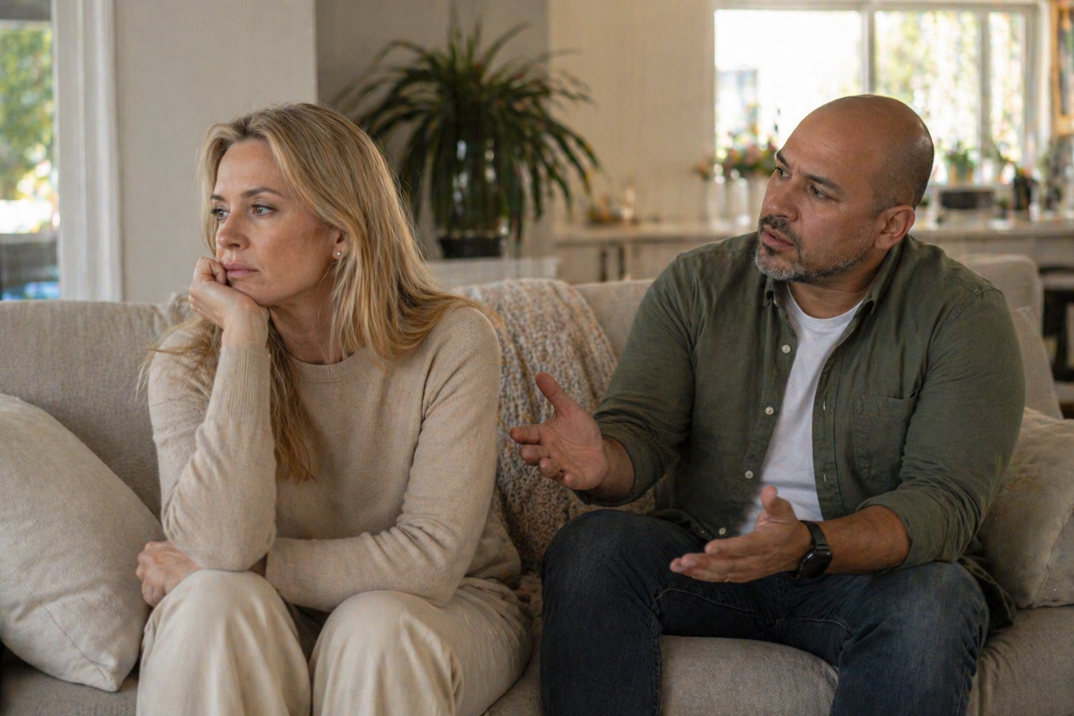 A woman with blonde hair wearing a beige sweater sits on a sofa, listening with a serious expression, while a man with a bald head and gray beard, dressed in a green shirt and white t-shirt, gestures with his hands as he talks during a conversation in a living room.