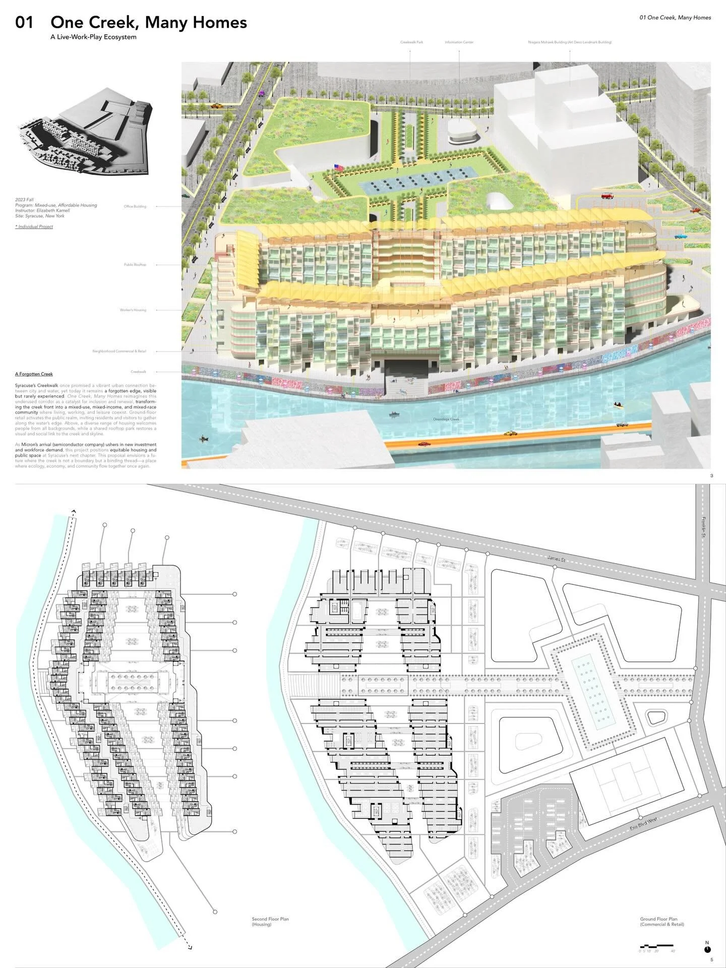 📍One Creek, Many Homes

Fall 2023
Instructor: Elizabeth Kamell

The project is situated along an urban creek in Syracuse that is visible yet underutilized, shifting the focus from formal expression to a central question: what forms of life could eme