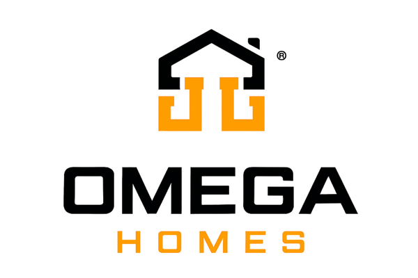 Logo for JG Omega Homes with orange letters and black background.