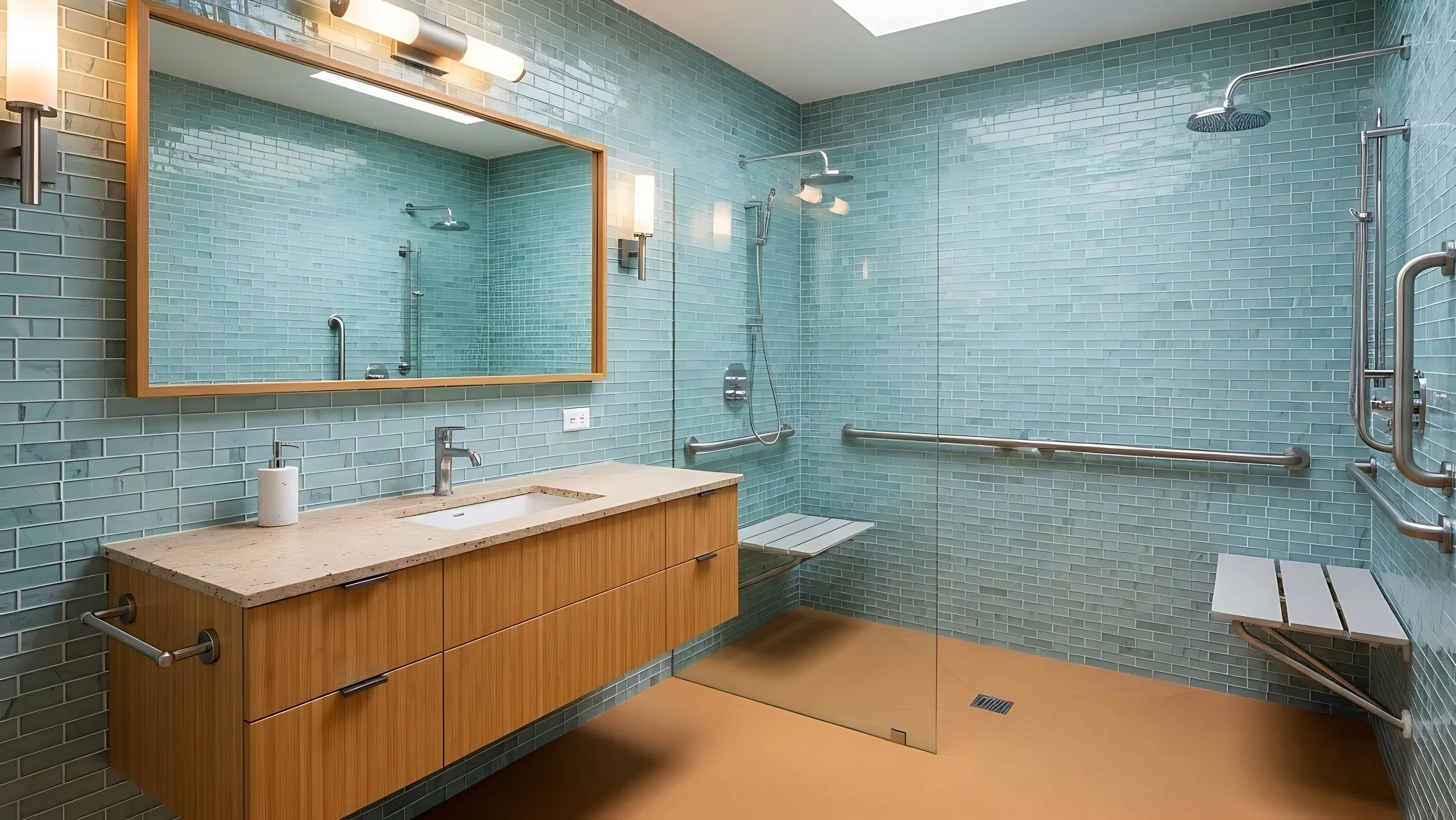 Modern accessible bathroom with blue subway tile walls, a large mirror, vanity with a sink, and a walk-in shower with benches and grab bars