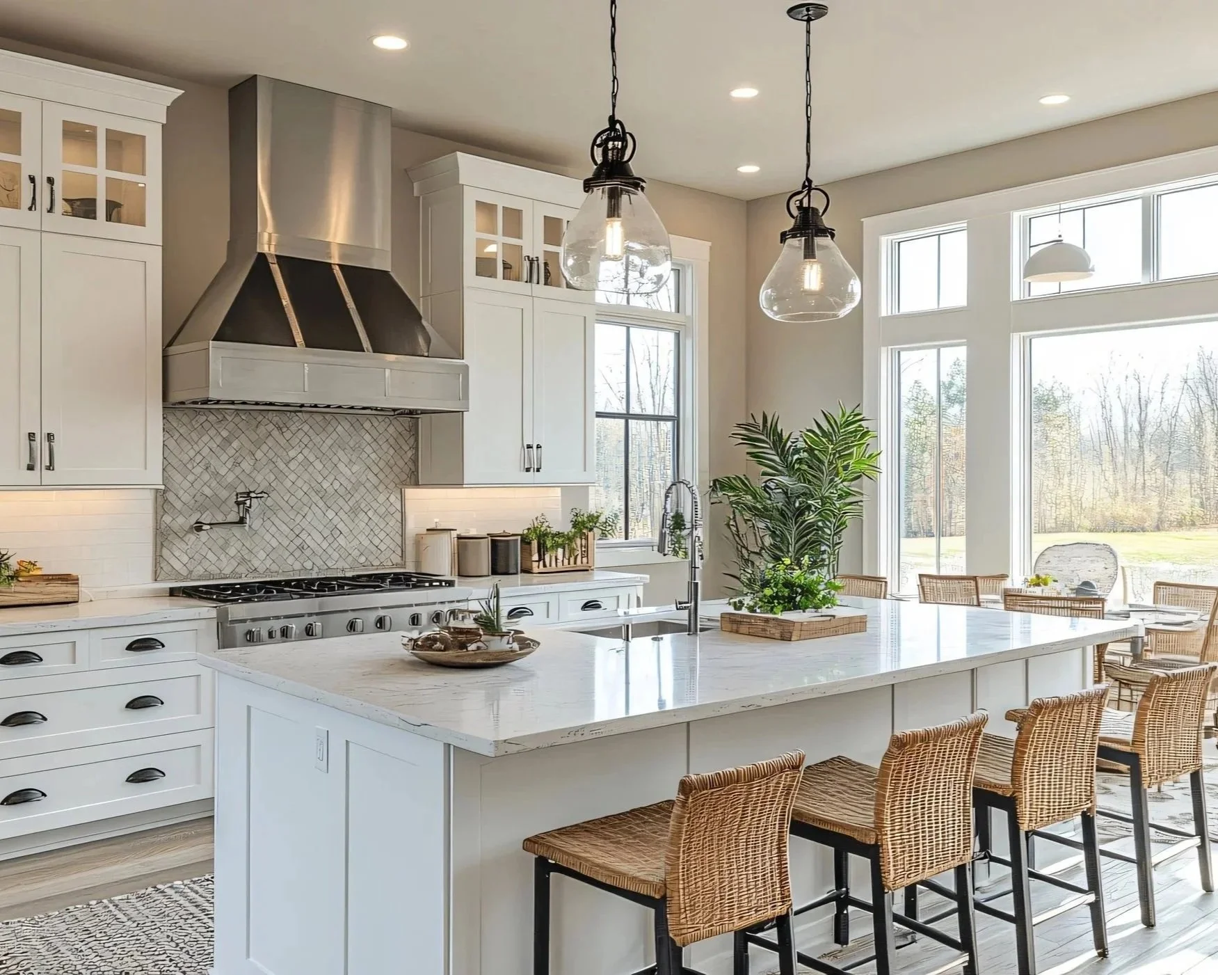 Bright kitchen with white cabinets and marble island, large windows, wicker chairs around the island, and greenery in planters.