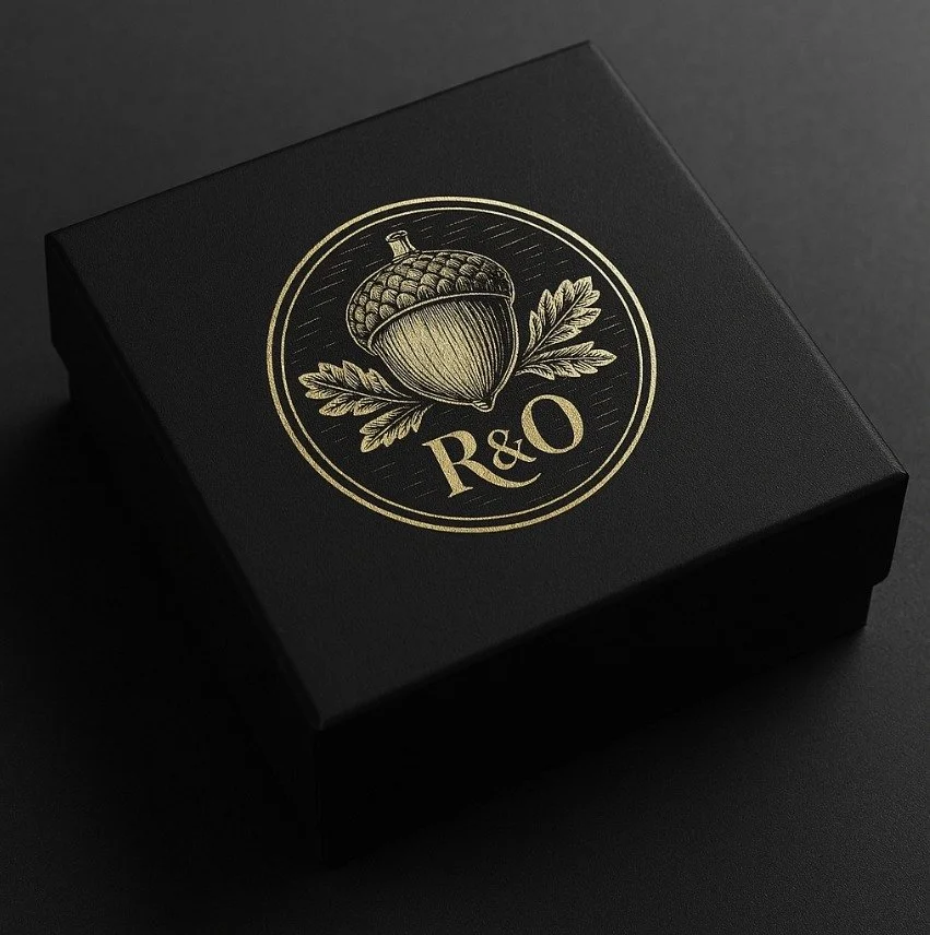 Black box with gold emblem featuring an acorn and oak leaves, and the initials 'R&O' on the top.