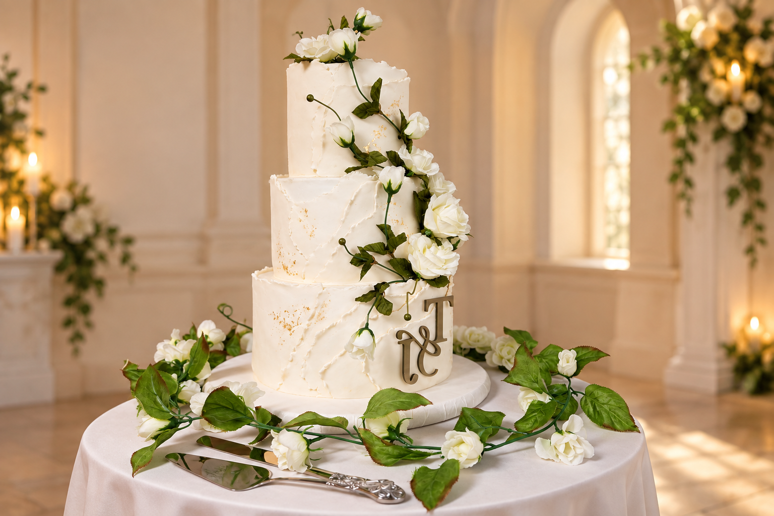 Three-tier wedding cake with white flowers and greenery at Legacy Rise Venue in Waxhaw, NC
