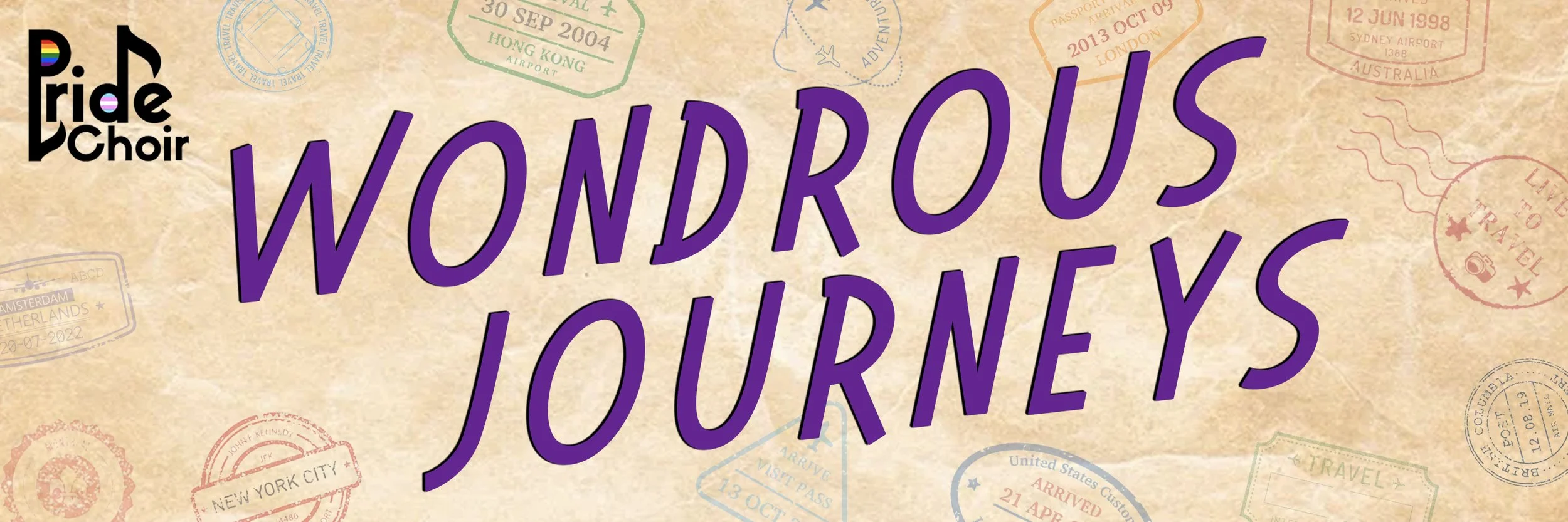 Poster for 'Wondrous Journeys' by D'ride Choir with travel stamps and a crumpled paper background.