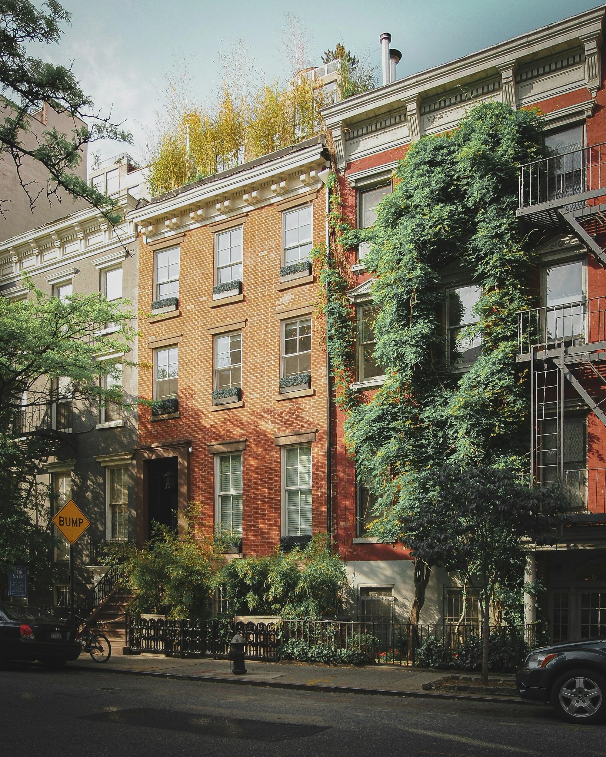 A row of urban residential buildings, including a three-story brick building with multiple windows, some with window boxes. There is a large climbing vine on the right side of the building. Trees and greenery are present in front, and there are parked cars, a bicycle, and a yellow bump sign on the street.
