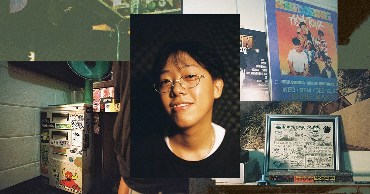 A collage of various objects including a framed illustration, posters, Waiian, a sticker-covered box, and a green fan.