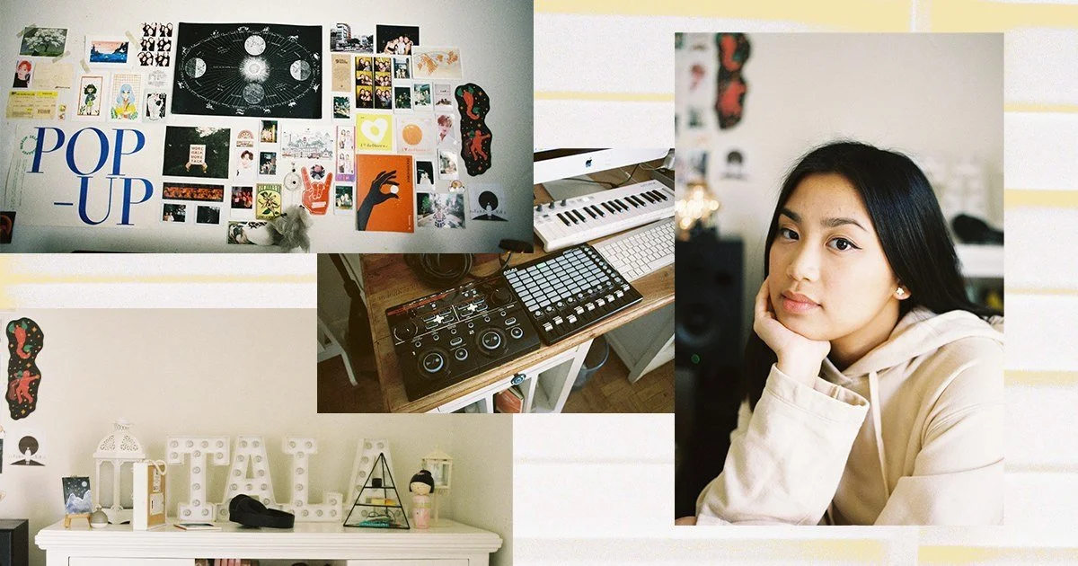 Collage of images including a decorated wall with posters and photos, Tala Gil resting her chin on her hand, a desk with music production equipment, and a white shelf with decorative letters and items.