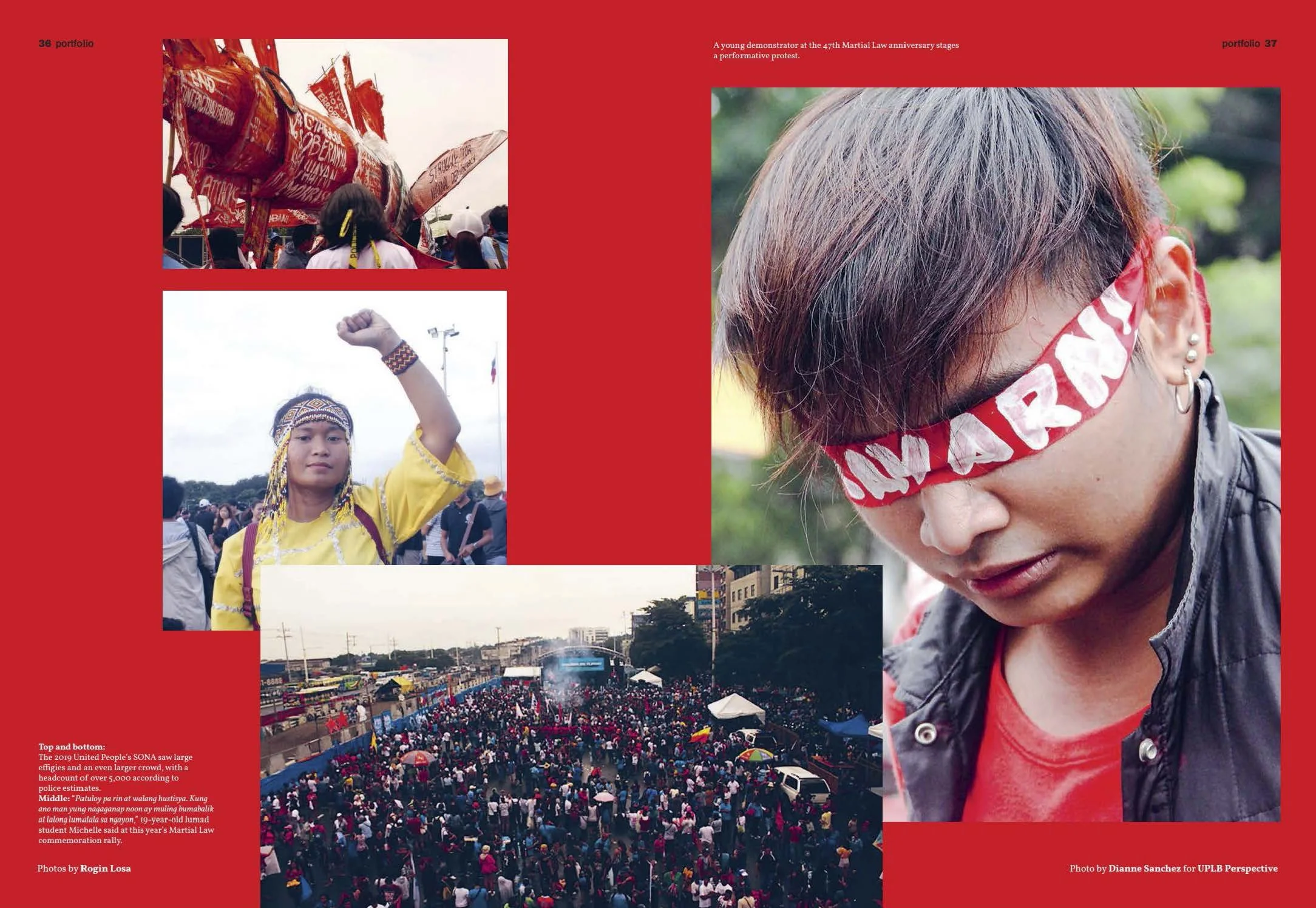 A collage of four photographs from a protest event, including a large political banner, a woman with her fist raised wearing traditional attire, a person with a red blindfold, and a large crowd gathered at an outdoor rally.
