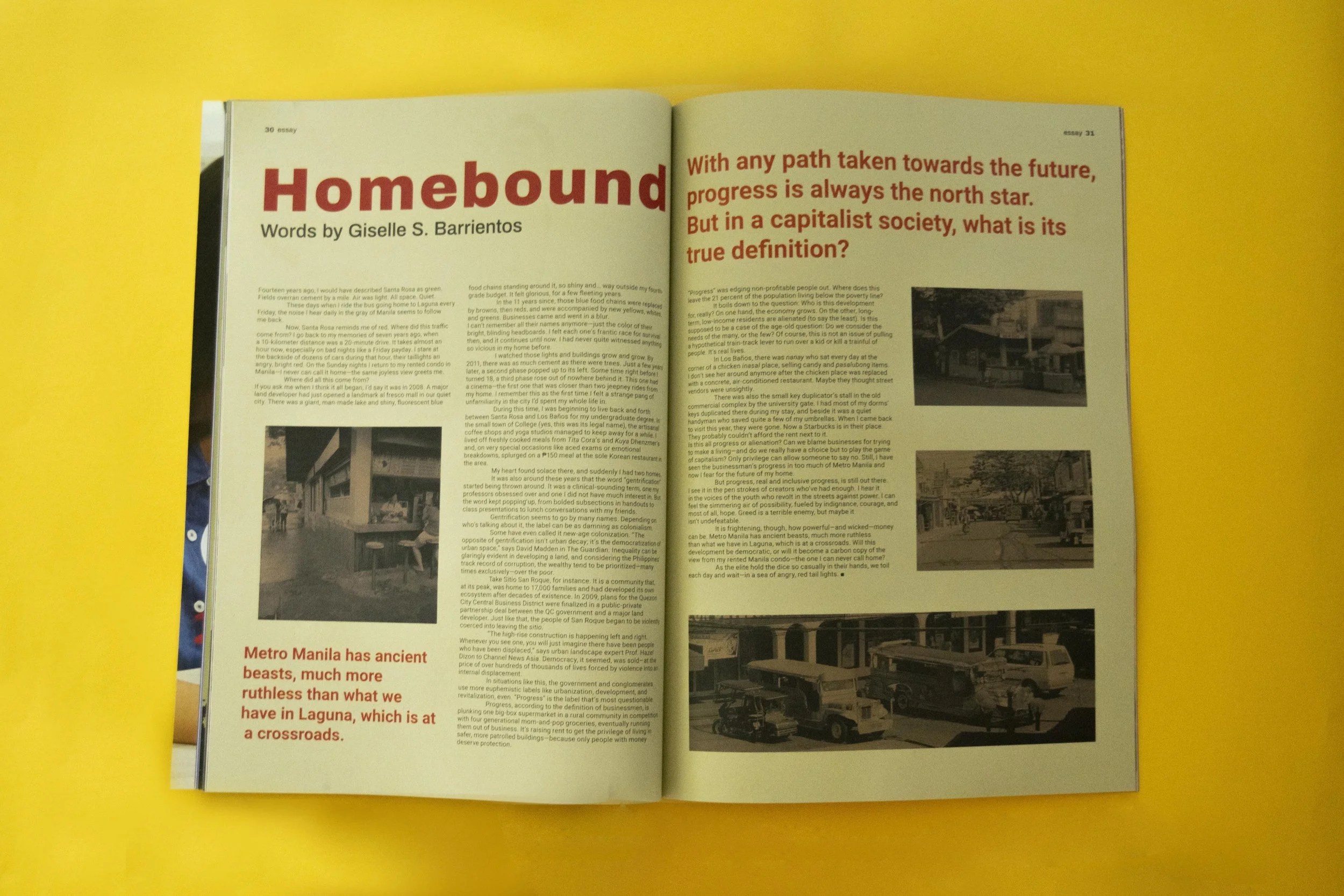 Open magazine spread with an article titled 'Homebound' by Giselle S. Barrientos. The left page contains a black and white photo of a street scene in Laguna, with a caption about Metro Manila and Laguna. The right page has text and three black and white photos of urban scenes, with a red-colored quote and question.