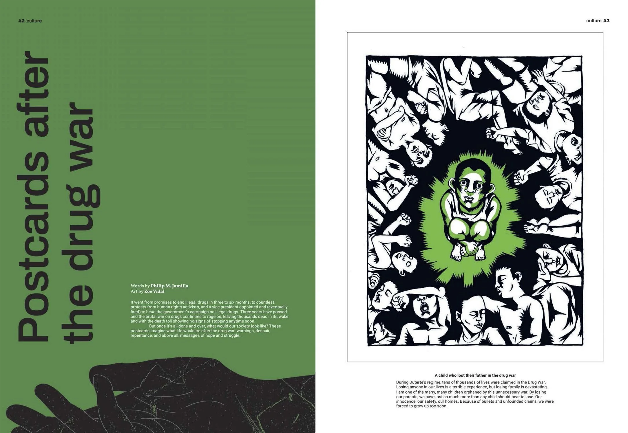 A child sitting cross-legged in the center surrounded by a dark background with illustrations of various distressed and crying people, emphasizing the themes of drug war impact on families.