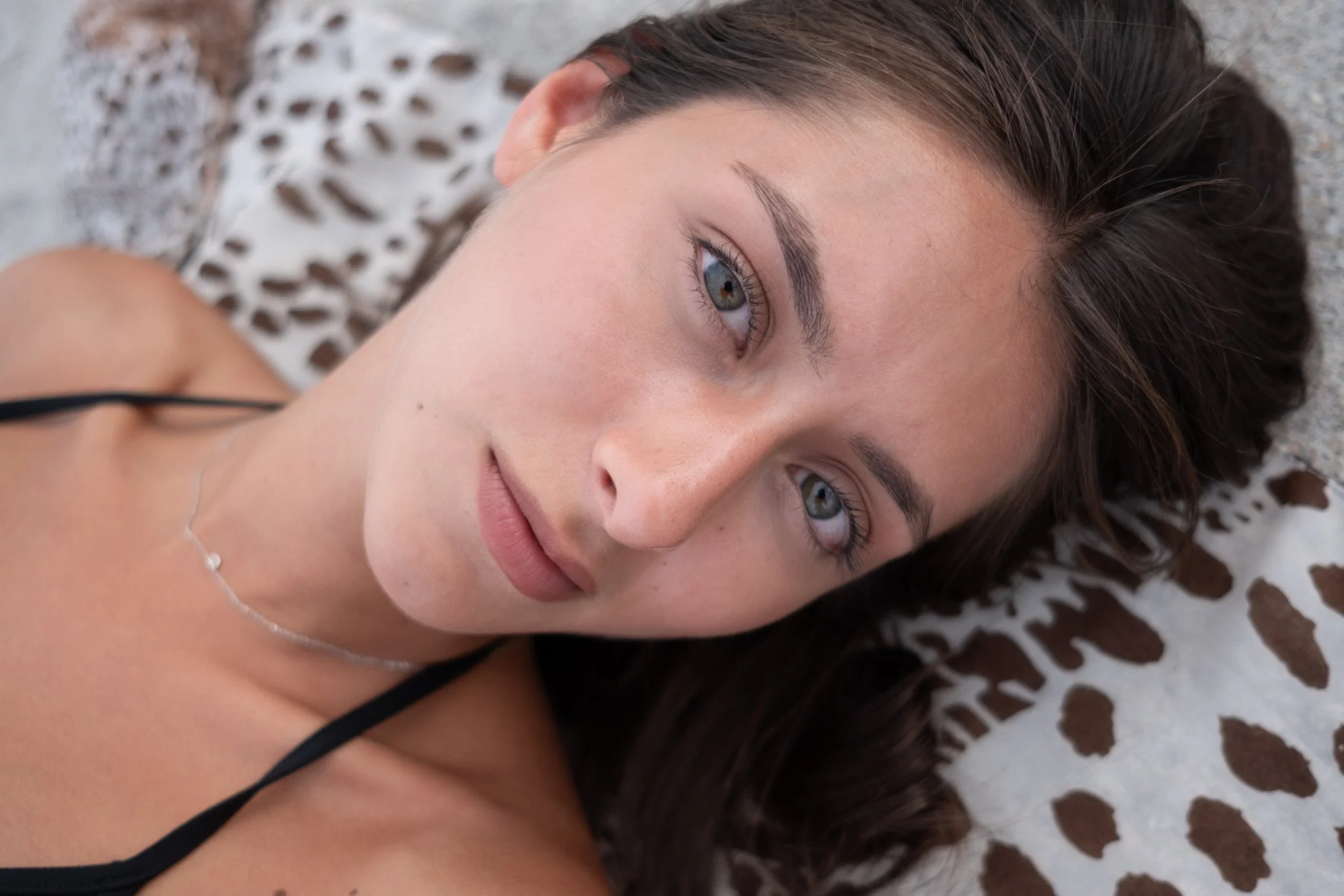 A close-up headshot of Katia Mueller lying on a cow print fabric, looking directly at the camera.